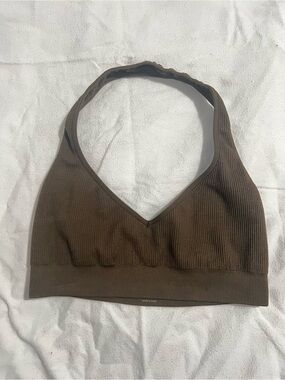 NVGTN Seamless Ribbed V-Neck Halter Bralette in Olive Green Size Small